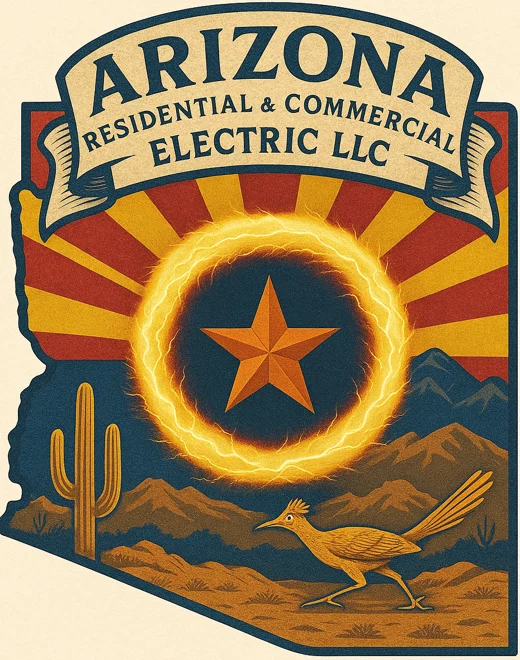 Arizona Residential & Commercial Electric badge: an Arizona-shaped emblem with a sunburst, a copper star, a saguaro and a roadrunner